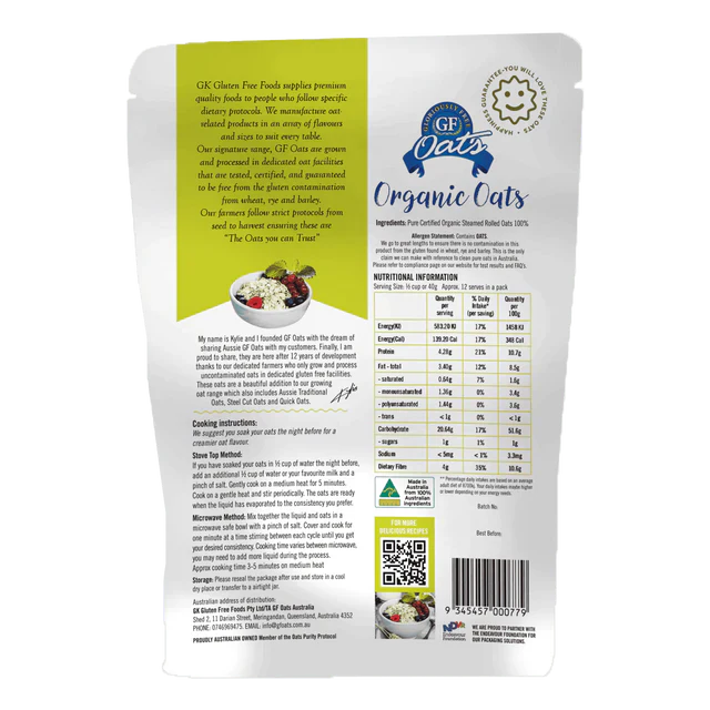 GF Oats Organic Oats *tested nil to gluten contamination* -500g
